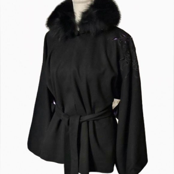 Kimono Wool Fur Cape Glamorous Jacket Black Purple Jacket Floral Vintage Large - Picture 3 of 16